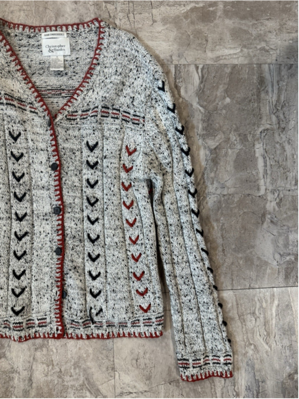 VTG Christopher & Banks Sweater Cardigan Medium Hand Embroidered Red & Black